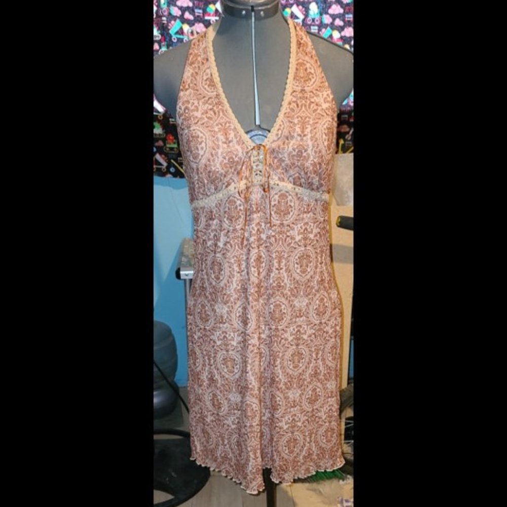 Brown and Cream Halter Dress With Paisley Pattern (Size XL)